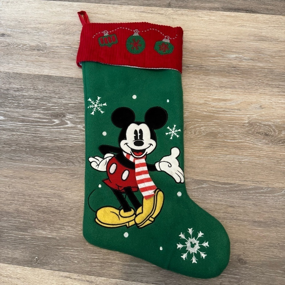 Mickey Mouse & Snowflakes Christmas Stocking Green with Red Ribbed Band at Top